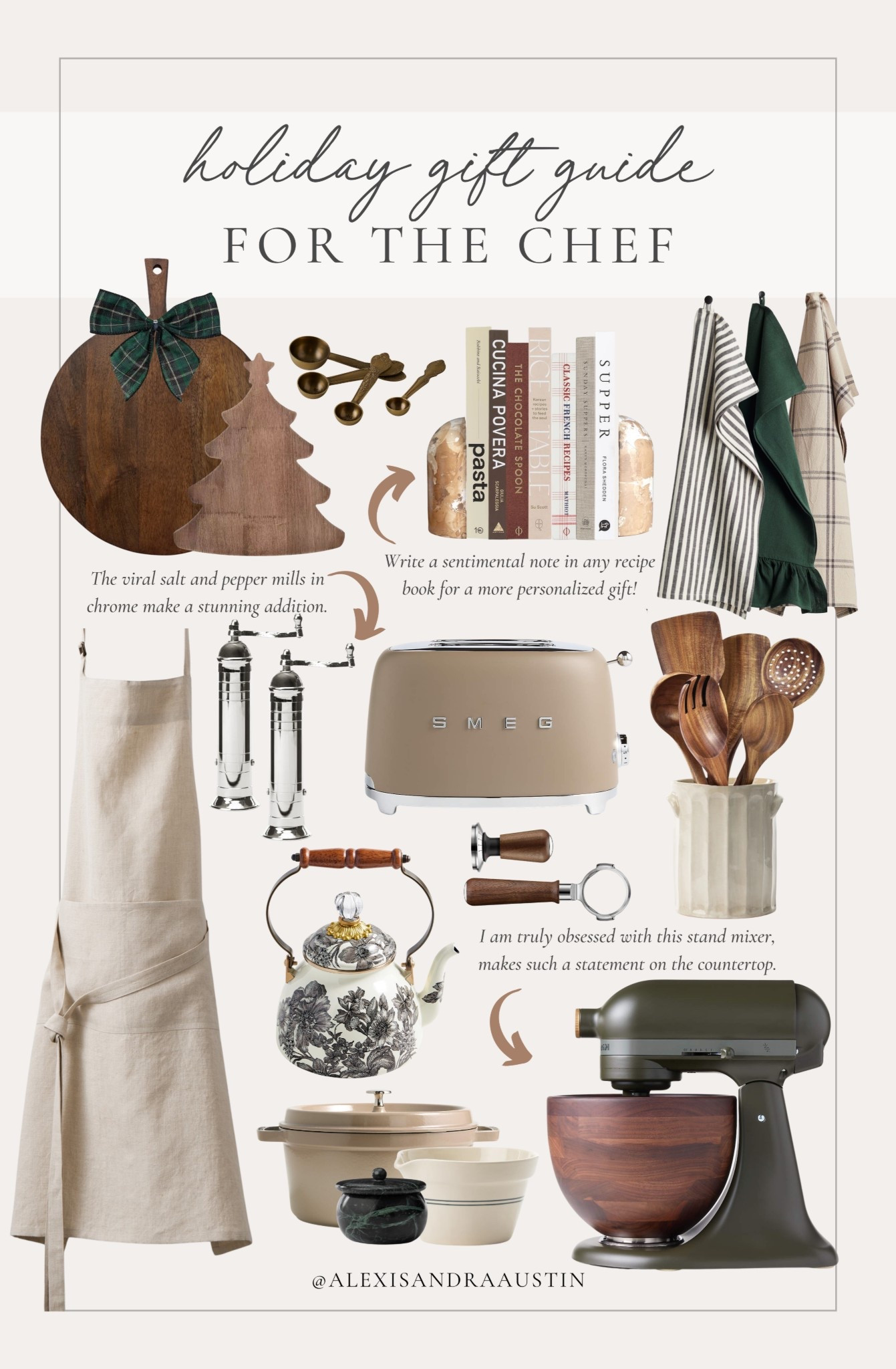 Holiday gift guide for the chef! Loving these finds perfect to add into any gift set or for a splurge worthy item.

Holiday gift guide, for the chef, kitchen favorites, neutral kitchen inspo, splurge worthy gift, kitchen gadgets, kitchen appliances, gifts for baker, toaster, wooden utensil, chefs apron, tea towel, neutral decor book, cutting board, Smeg, #LTKStyleTip 

#LTKGiftGuide #LTKHoliday