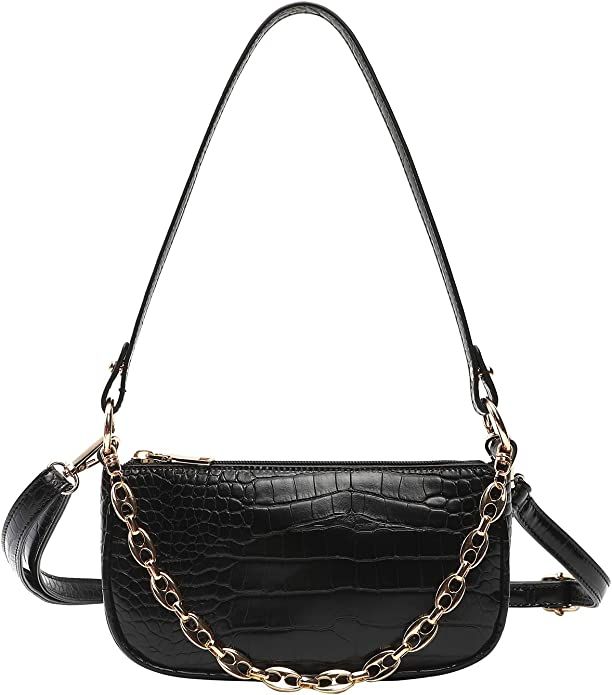 Y2K Classic Retro Faux Leather Shoulder Bag, Zipper Clutch Purse Tote Handbag for Women with Gold... | Amazon (US)