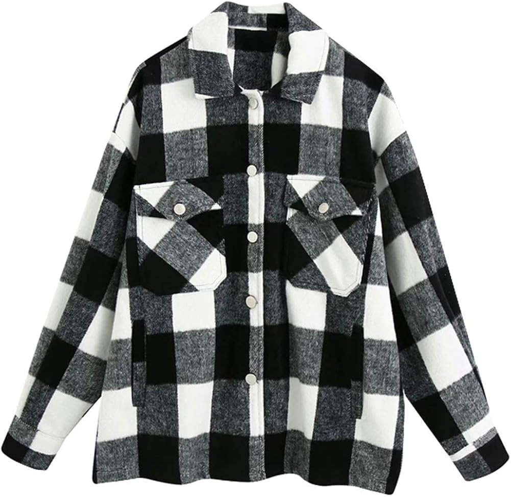 Women's Oversized Casual Plaid Wool Blend Button Down Long Sleeve Shacket Jacket | Amazon (US)