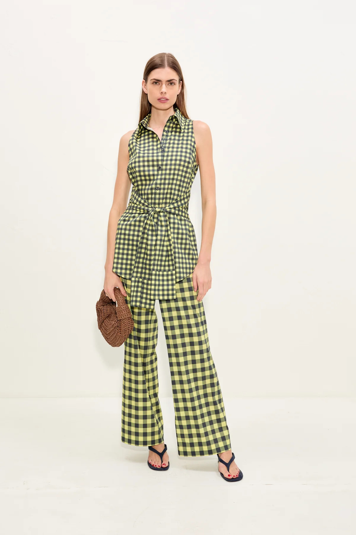 Pia Poplin Pant In Peridot/Ebony Gingham | Simon Miller