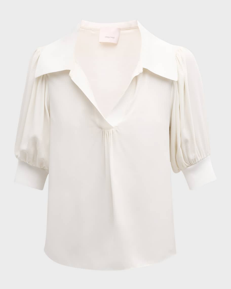 Weldon Collared V-Neck Short-Sleeve Silk Combo Top | Neiman Marcus