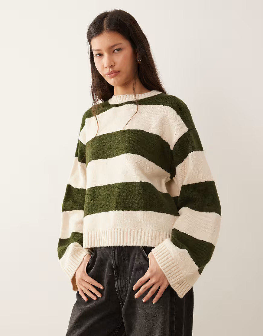 ASOS DESIGN knitted jumper in wide stripe in khaki-Multi | ASOS (Global)