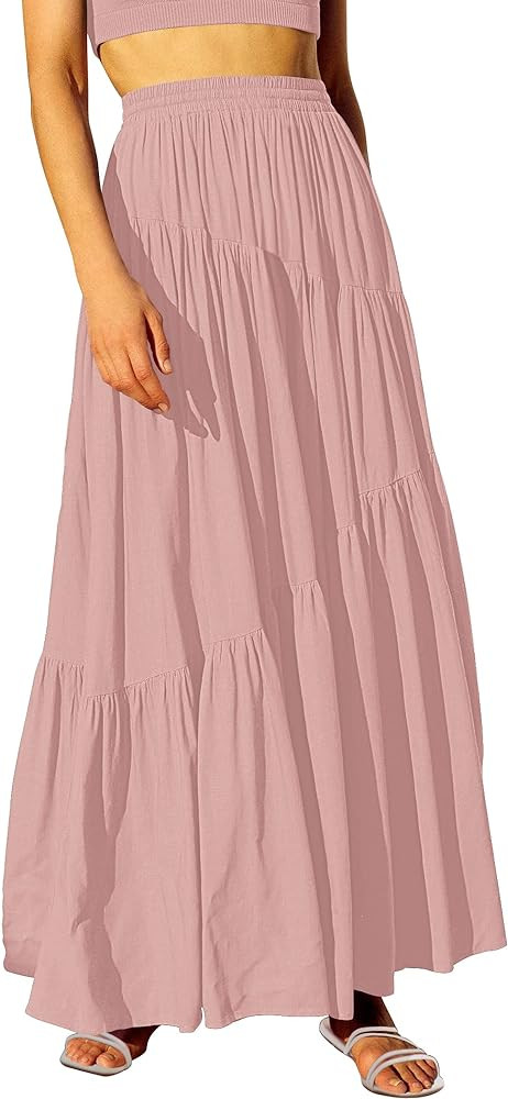 ANRABESS Women’s Boho Elastic High Waist Pleated A-Line Flowy Swing Asymmetric Tiered Maxi Long... | Amazon (US)