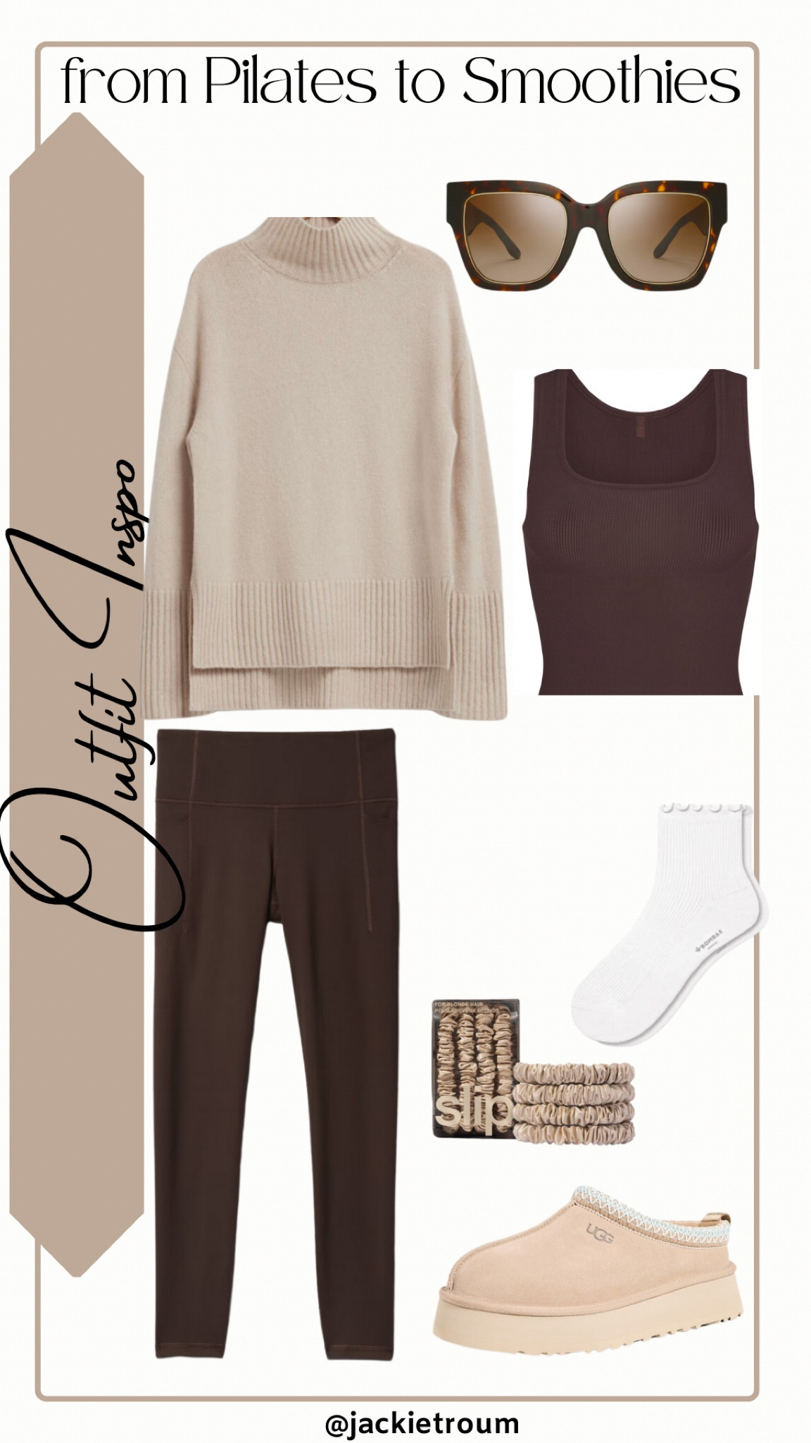 From Pilates to Smoothies

Mock Neck Knit Sweater: & Other Stories
Dark Tortoise Square Sunglasses: Tory Burch
Brown Tank: SKIMS
Brown High Rise Leggings: GAP
Silk Scrunchies: Slip
Brown Faux Leather Shoulder Bag: JW PEI
Sand Tazz Slippers: UGG
White Frilly Socks: Bombas
Gold Hoop Earrings: Uncommon James

#LTKFitness #LTKShoeCrush

#LTKActive #LTKStyleTip #LTKSeasonal