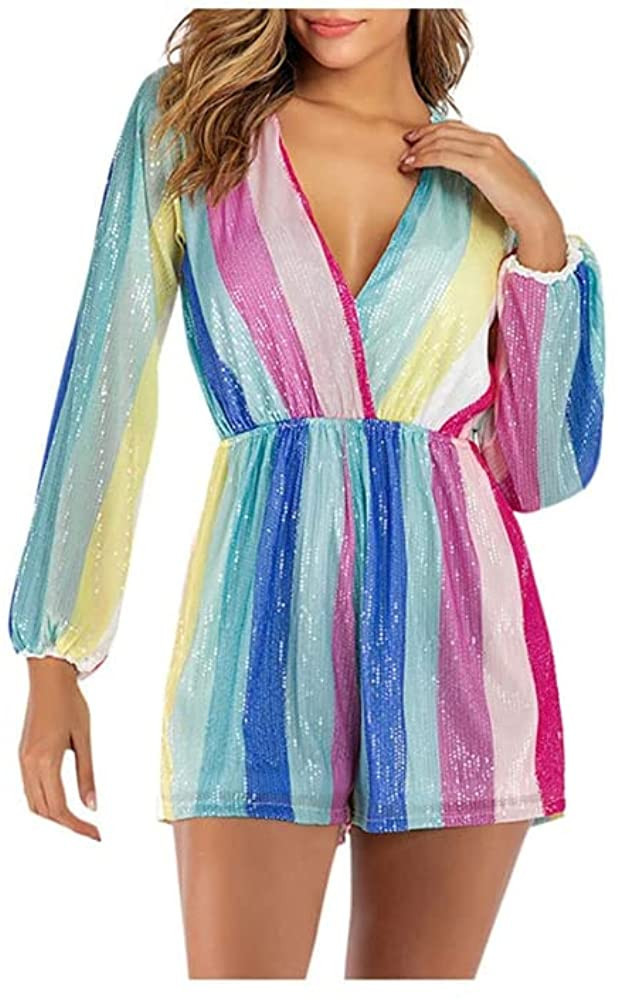 Women V Neck Lantern Sleeve Multicolor Striped Sequin Short Rompers Jumpsuits | Amazon (US)