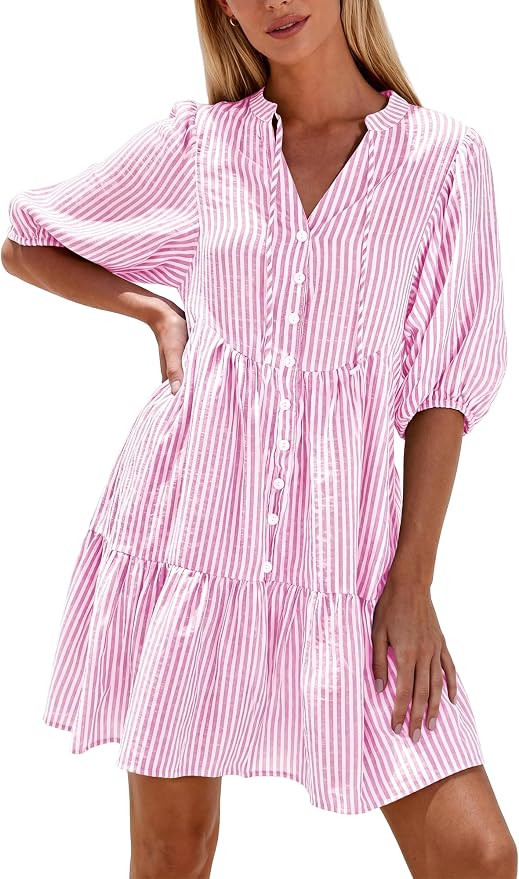 BTFBM Womens Summer Dresses 2026 Striped Mini Dress Half Sleeve Button Down Casual Flowy Beach Va... | Amazon (US)