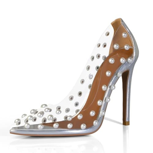iadore Women's Pumps,11cm Pointed Toe Women High Heel Shoes Fashion Pearl Studded PVC Clear Heels Party Dress Pump Shoes Silver 7.5 | Amazon (US)