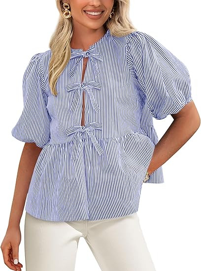 PRETTYGARDEN Women's Tie Front Striped Shirt 2025 Summer Trendy Fashion Cute Babydoll Tops Peplum... | Amazon (US)