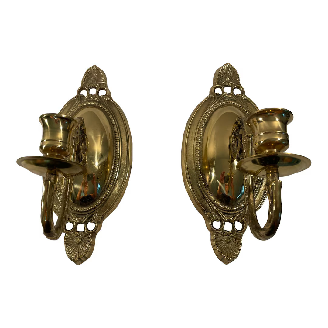 Mid 20th Century Small Brass Wall Plate Candle Sconces a - Etsy | Etsy (US)