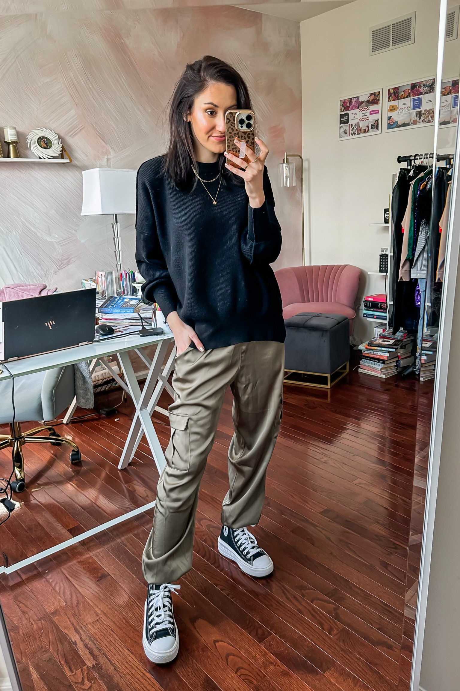 Black sweater + olive satin joggers (discount code ERICALIGENZA20 for 20% off ✨) + black platform converse + Kendra Scott layering necklaces 🖤 amazon fashion find under $50 

#LTKunder50 #LTKSeasonal #LTKbump