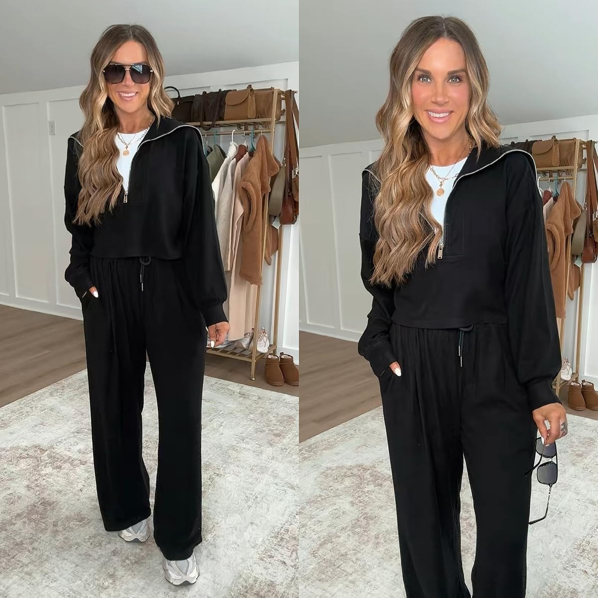 Love this comfy lounge set for a relaxed day, traveling, or running errands while looking put together! I'm 5'6 139lbs in a size M matching black zip up jacket and pants set, small white seamless tank, sneakers run true to size.  

 #LTKootd #LTKmomlife #LTKTravel