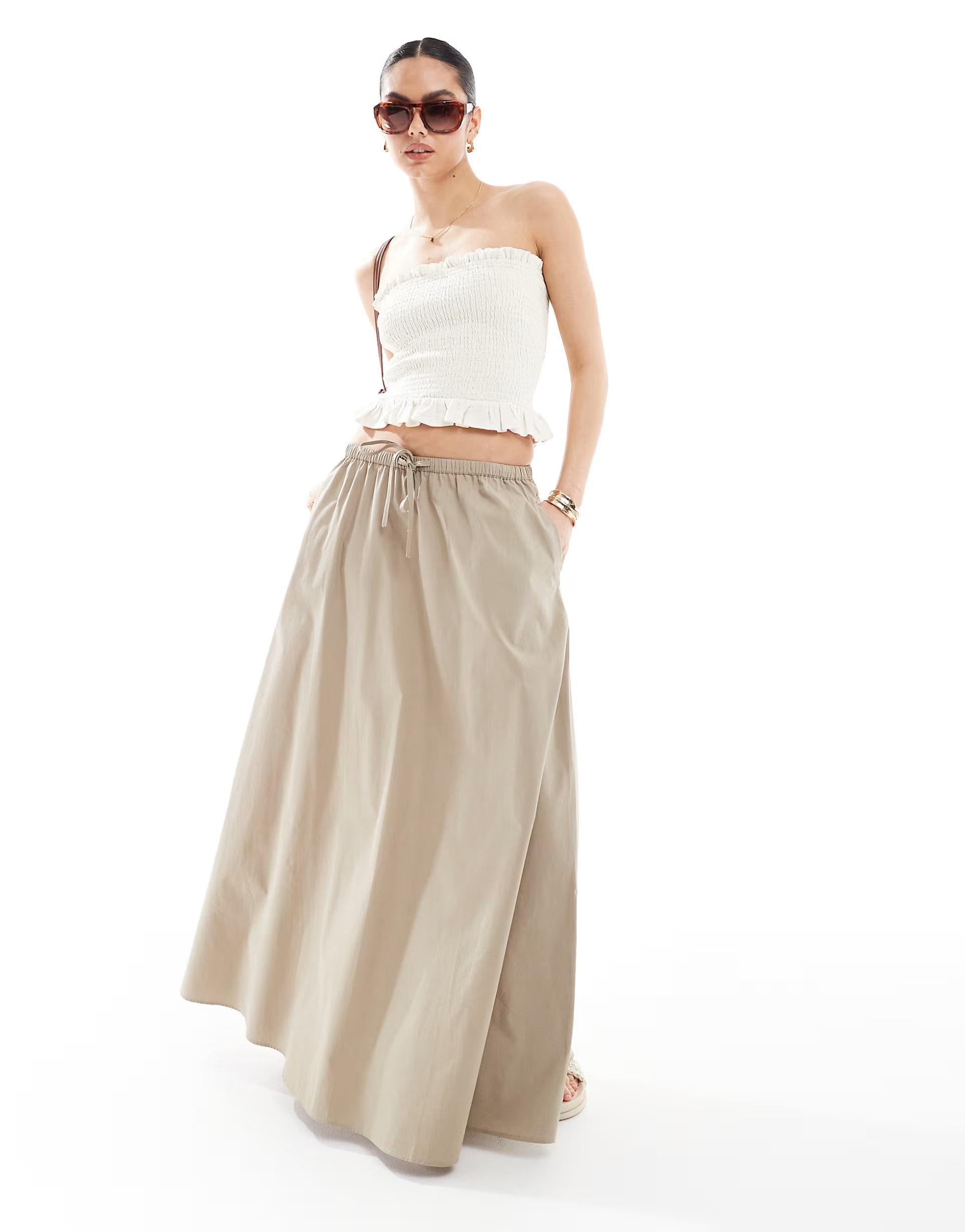 ASOS DESIGN cotton tie waist A-line midi skirt in khaki | ASOS (Global)