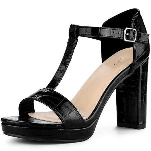 Perphy Black Platform Heel Print Embossed Ankle T Strap Chunky Heels Black Sandals for Women - 8.5 M US | Amazon (US)