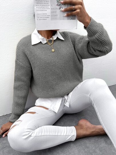 Ribbed Knit Drop Shoulder Sweater Without Blouse | SHEIN