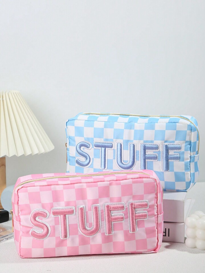 1pc Checkered Nylon Embroidered Letter Patch Storage Bag, Cosmetic Bag, Toiletry Bag, Suitable Fo... | SHEIN