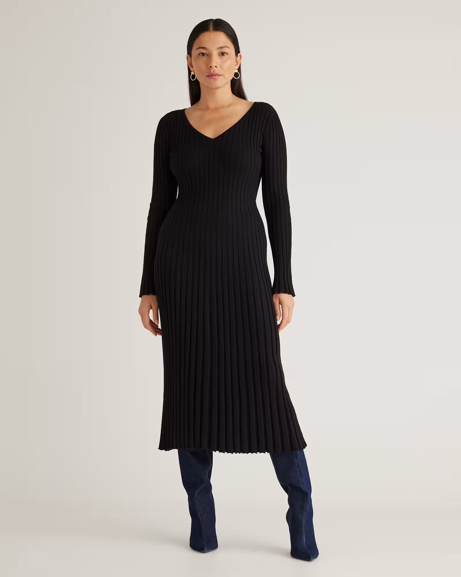 Cotton Cashmere Ribbed Long Sleeve V-Neck Midi Dress | Quince