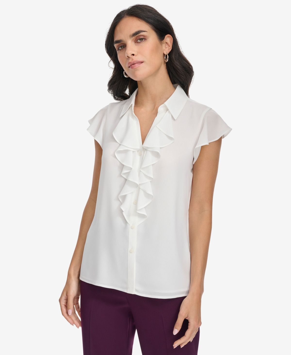 Calvin Klein Women's Collared Ruffled Short-Sleeve Blouse - Cream | Macy's
