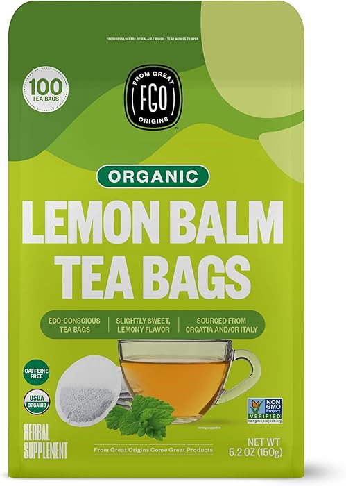 FGO Organic Lemon Balm Tea, 100 Count, Eco-Conscious Herbal Tea Bags, Resealable Bag, Caffeine Fr... | Amazon (US)