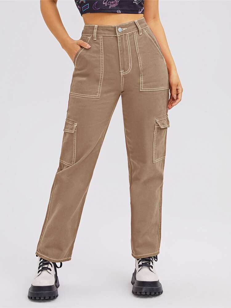 High Waist Flap Pocket Whip Stitch Cargo Jeans | SHEIN