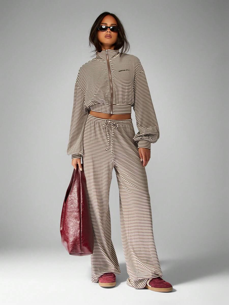 MISSGUIDED Cozy Loungewear Striped Two Piece Set Zip Up Jacket Wide Leg Pants High Waist Drawstri... | SHEIN