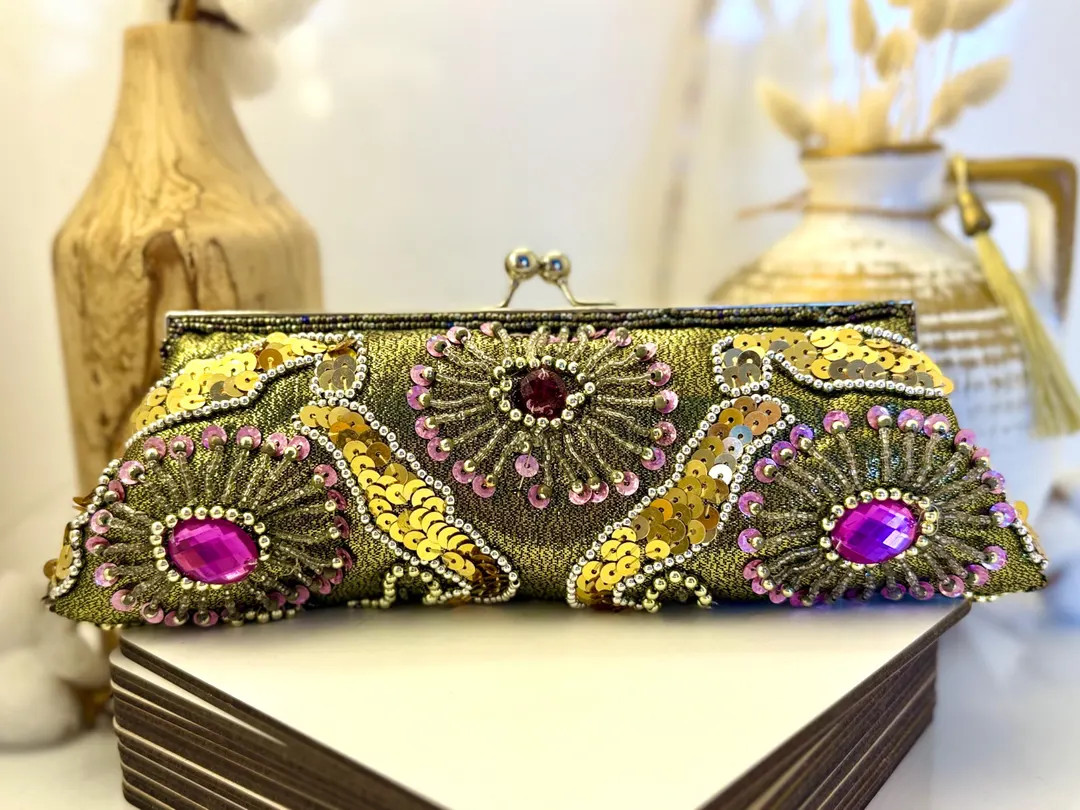 Handcrafted Vintage-inspired Beaded Clutch With Embellished Floral Design – Green Evening Bag f... | Etsy (US)