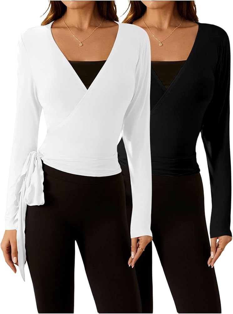 SweatyRocks Women's 2 Pack Yoga Shirts Wrap Ruched Tie Front Long Sleeve Workout T Shirts | Amazon (US)