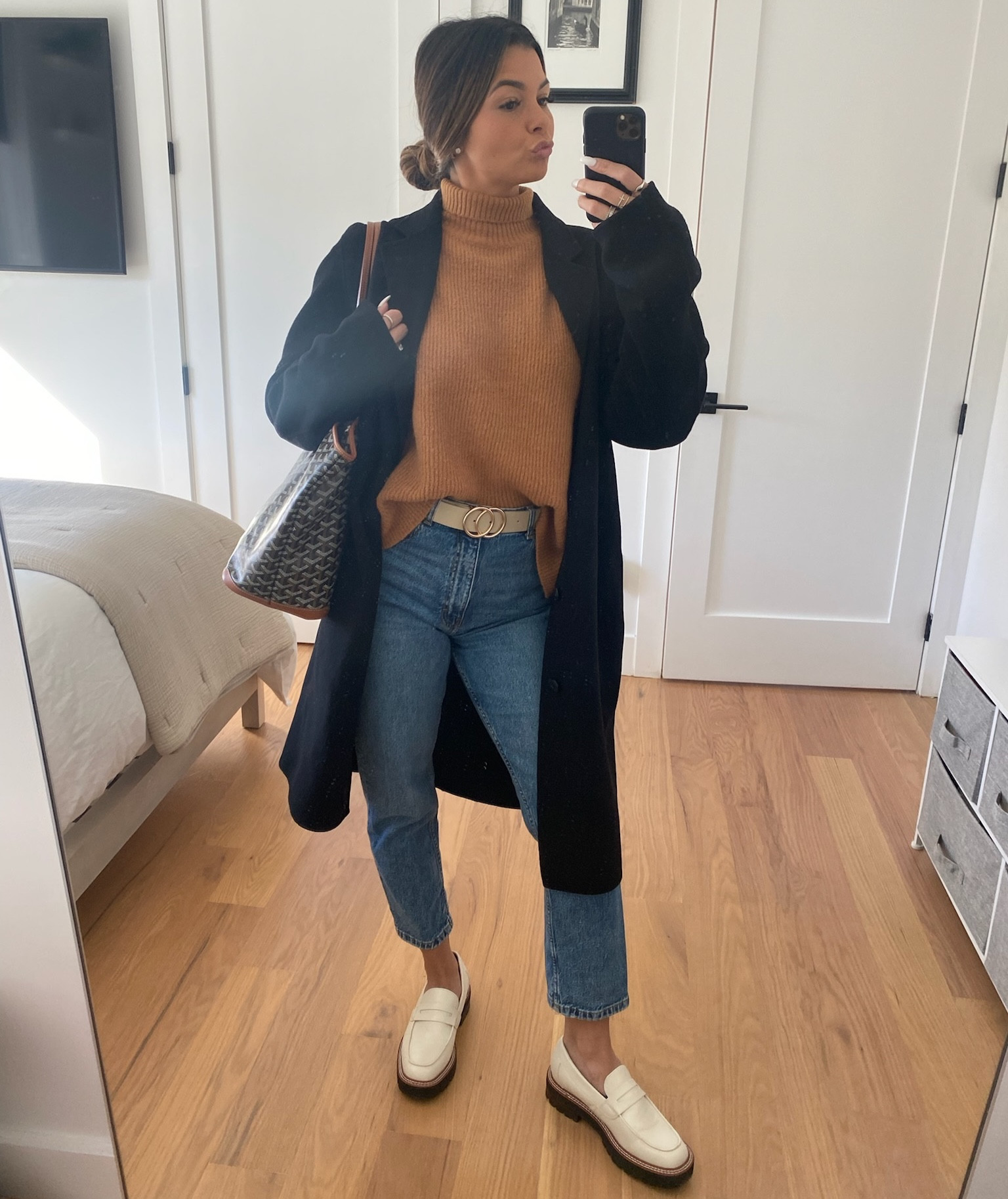 Cozy winter outfit / mules / peacoat / trench coat / turtleneck sweater / boyfriend jeans / mom jeans / tote bag / top coat / workwear / cozy sweater / chunky sweater 

#LTKworkwear #LTKtravel #LTKSeasonal