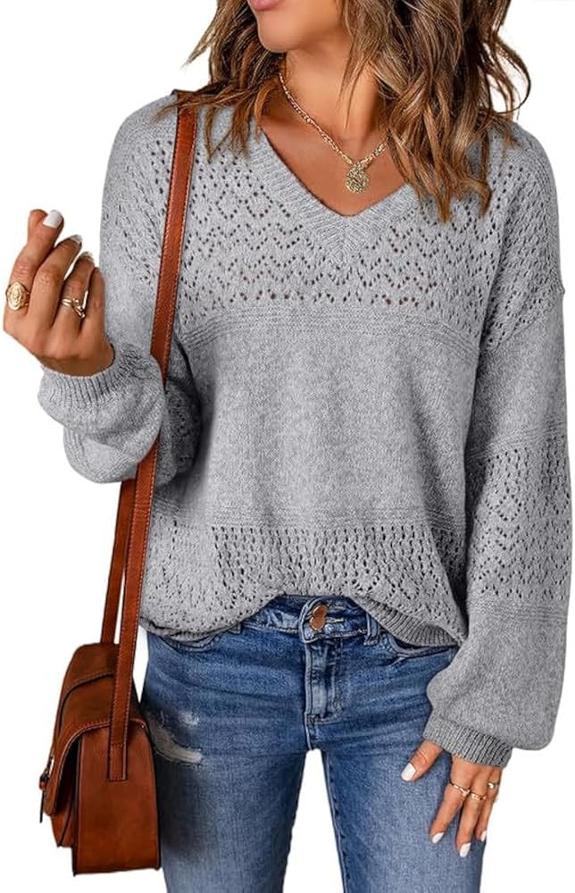 SHEWIN Womens Sweaters Casual Long Sleeve V Neck Lightweight Crochet Pullover Sweater Tops | Amazon (US)