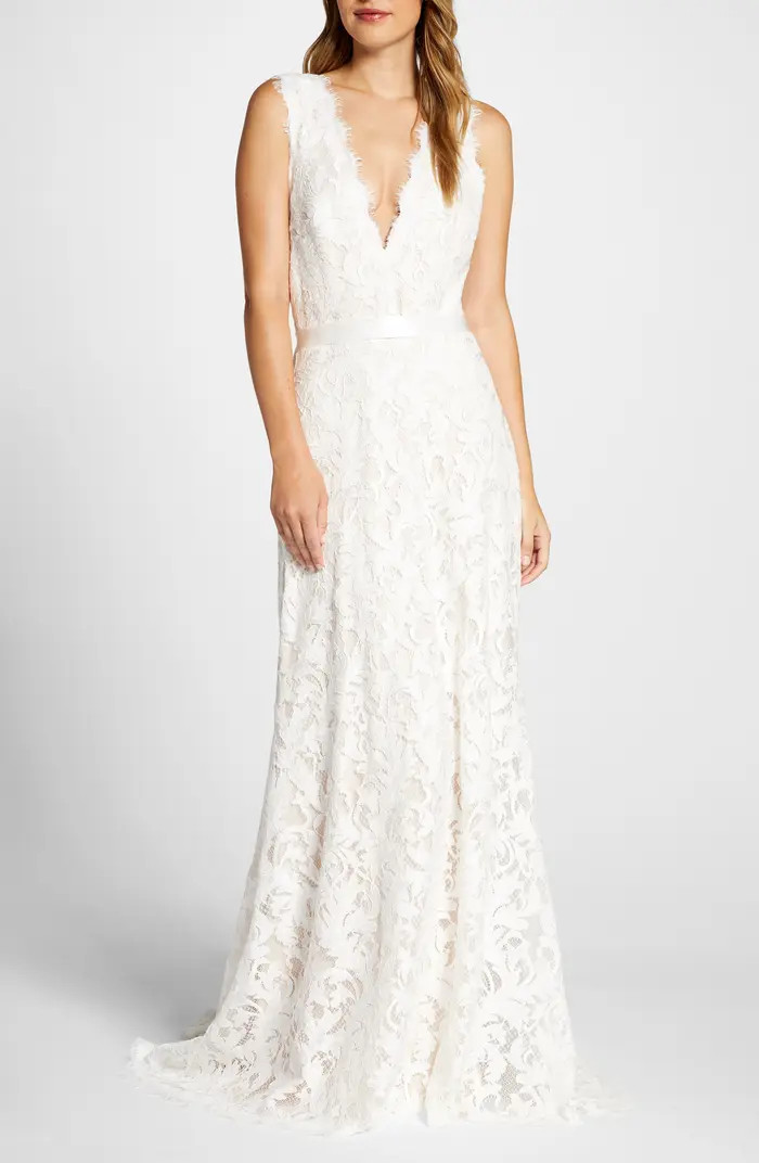 Deep V-Neck Lace Trumpet Wedding Dress | Nordstrom