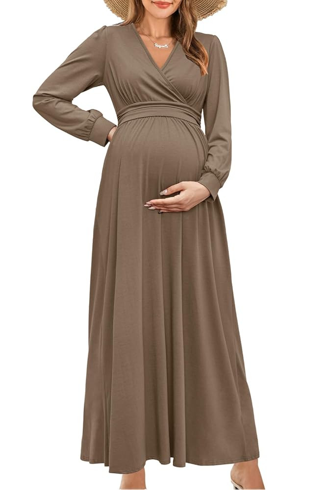 OUGES Fall Maternity Maxi Dress Long Sleeve Wrap V Neck Baby Shower Pregnancy Dresses for Photosh... | Amazon (US)