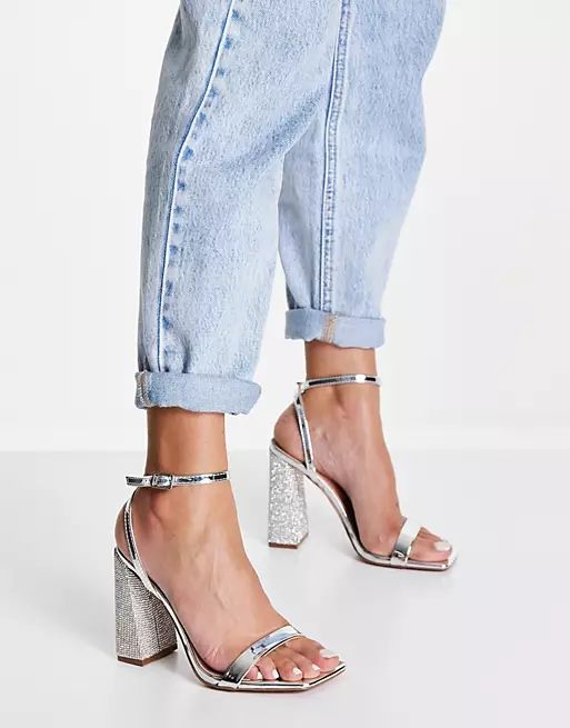 ASOS DESIGN Nora embellished block heel barely there heeled sandals in silver | ASOS (Global)