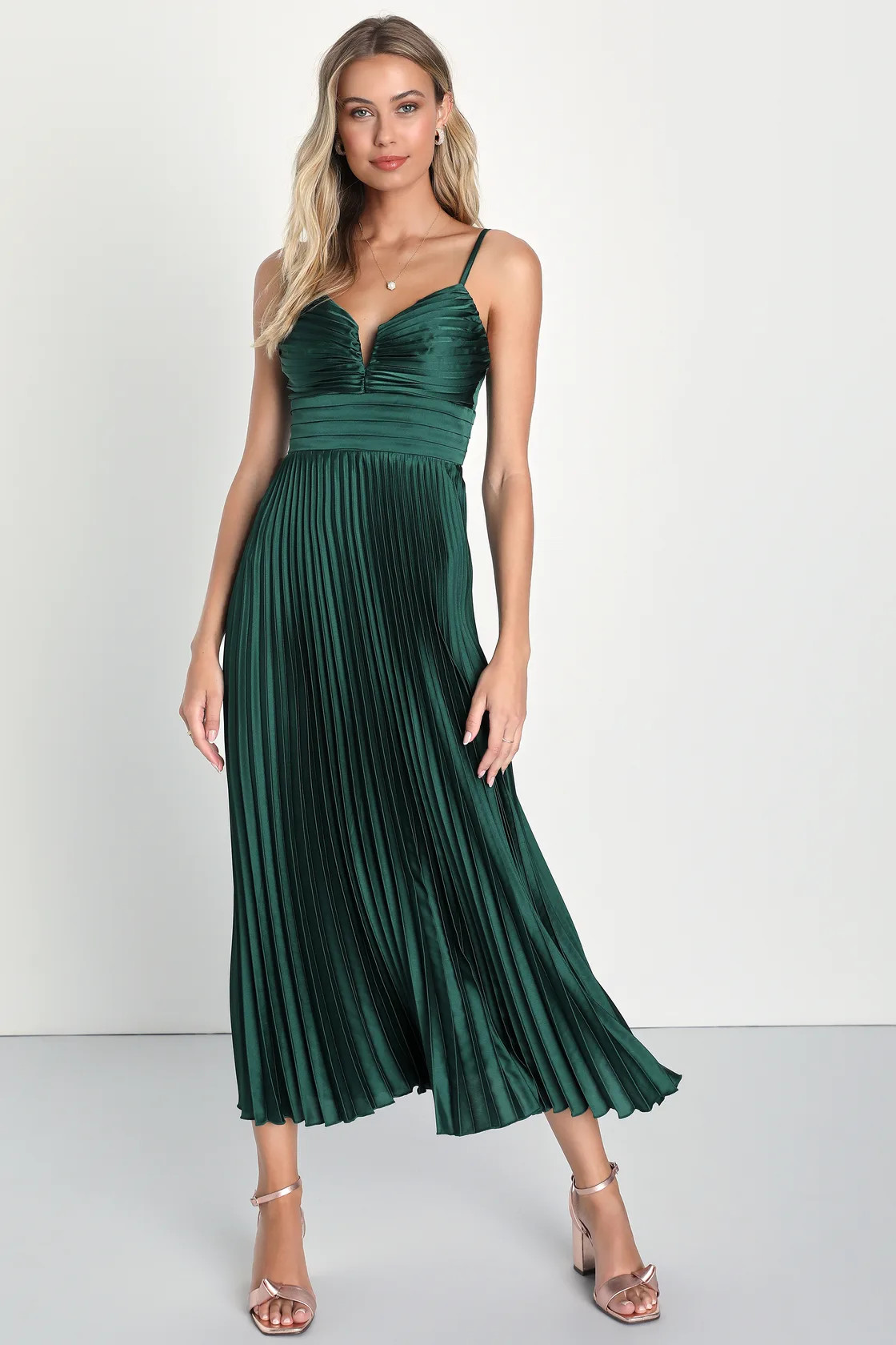 Fabulous Perfection Emerald Green Satin Pleated Midi Dress | Lulus