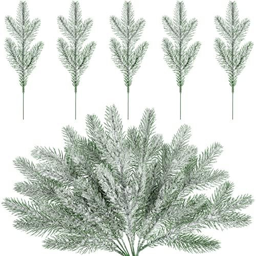 30 Pieces Snow Frosted Pine Branches Christmas Artificial Pine Leaves Branches Fake Greenery Plan... | Amazon (US)