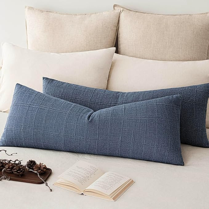 Amazon.com: Foindtower Set of 2 Decorative Linen Check Throw Pillow Covers Neutral Long Body Lumb... | Amazon (US)