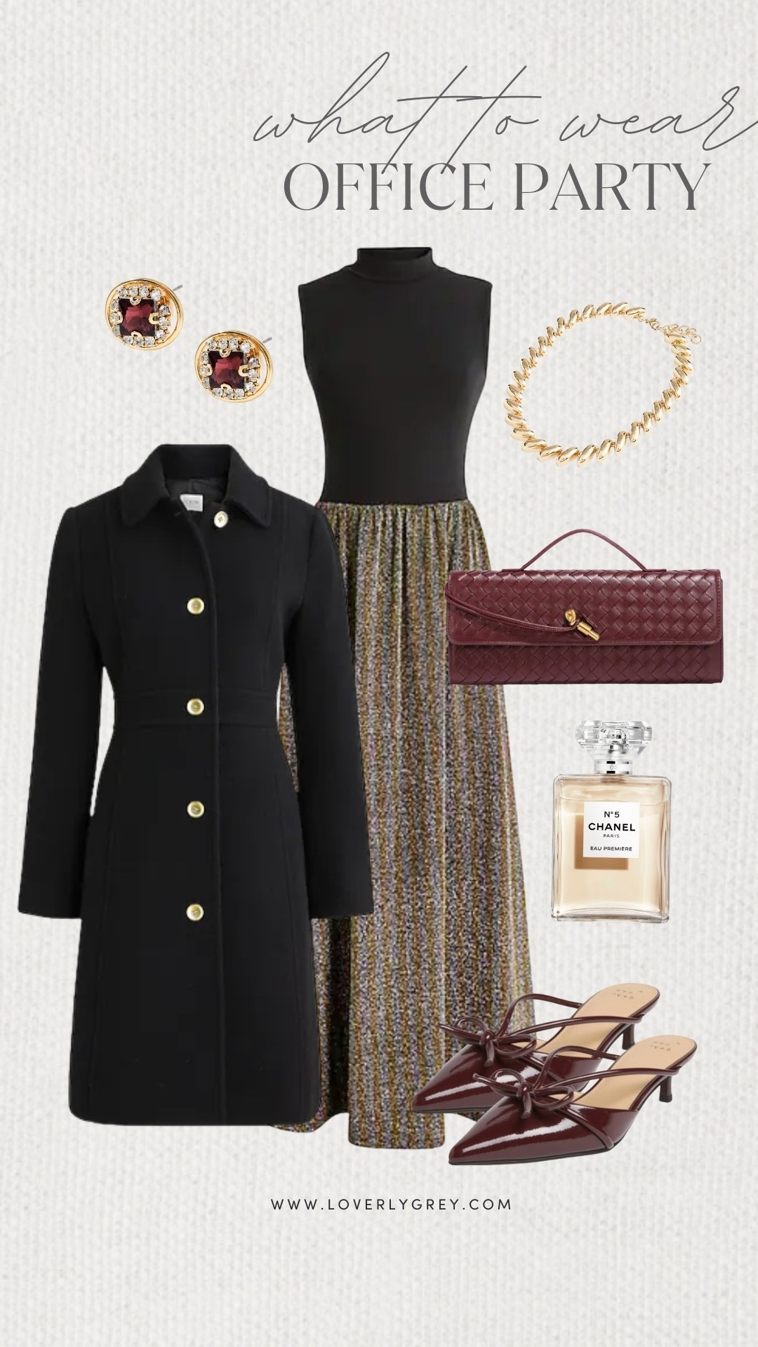 Loverly Grey, what to wear to an office party! I am loving this mock neck dress from J.Crew layered underneath the black coat. I accessorized the look with a gold necklace, woven purse, and heels. Loverly Grey, what to wear, office party 

#LTKStyleTip #LTKShoeCrush #LTKHoliday