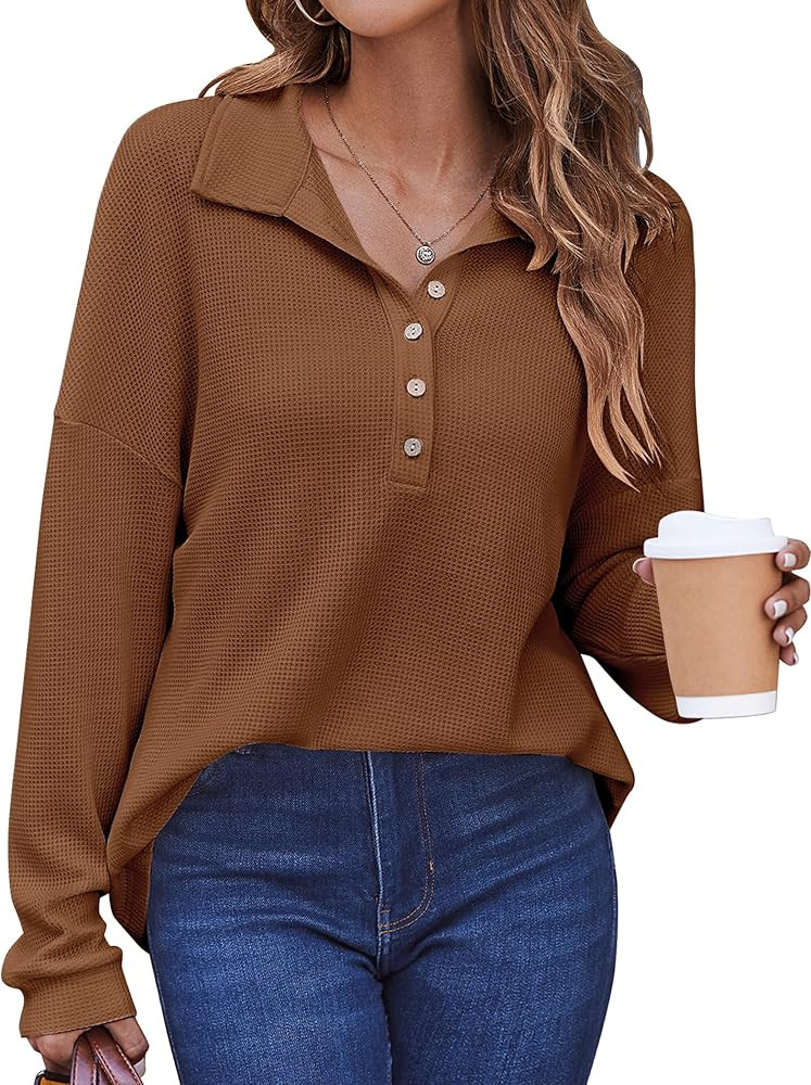 HOTOUCH Women's Waffle Knit Shirts Casual Button Down V Neck Blouses Long Sleeve Stand Collar Fal... | Amazon (US)