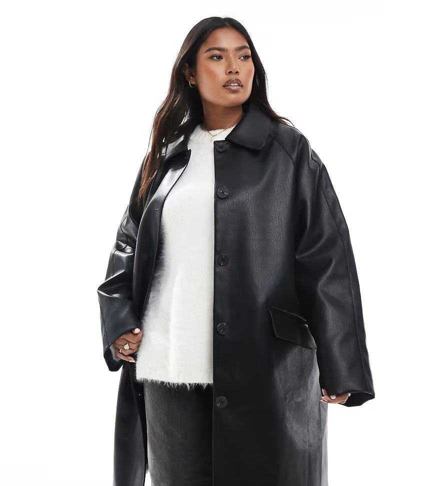 ASOS DESIGN Curve leather look car coat in black | ASOS (Global)