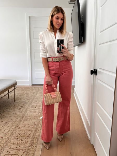 Stepping into the workweek with confidence and style! 💼 Rocking these fabulous wide-leg pink pants paired with a classic white puff sleeve button-down, all snagged at an amazing discount! 🛍️💖 

#LTKsalealert #LTKfindsunder100 #LTKover40