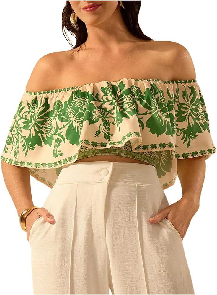 SweatyRocks Women's Off The Shoulder Floral Blouse Ruffle Short Sleeve Crop Boho Tops | Amazon (US)