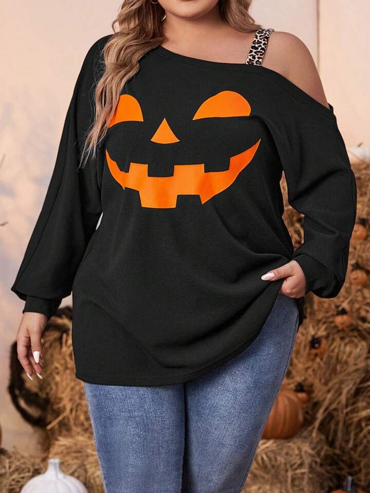 SHEIN LUNE Plus Halloween Print Asymmetrical Neck Sweatshirt | SHEIN