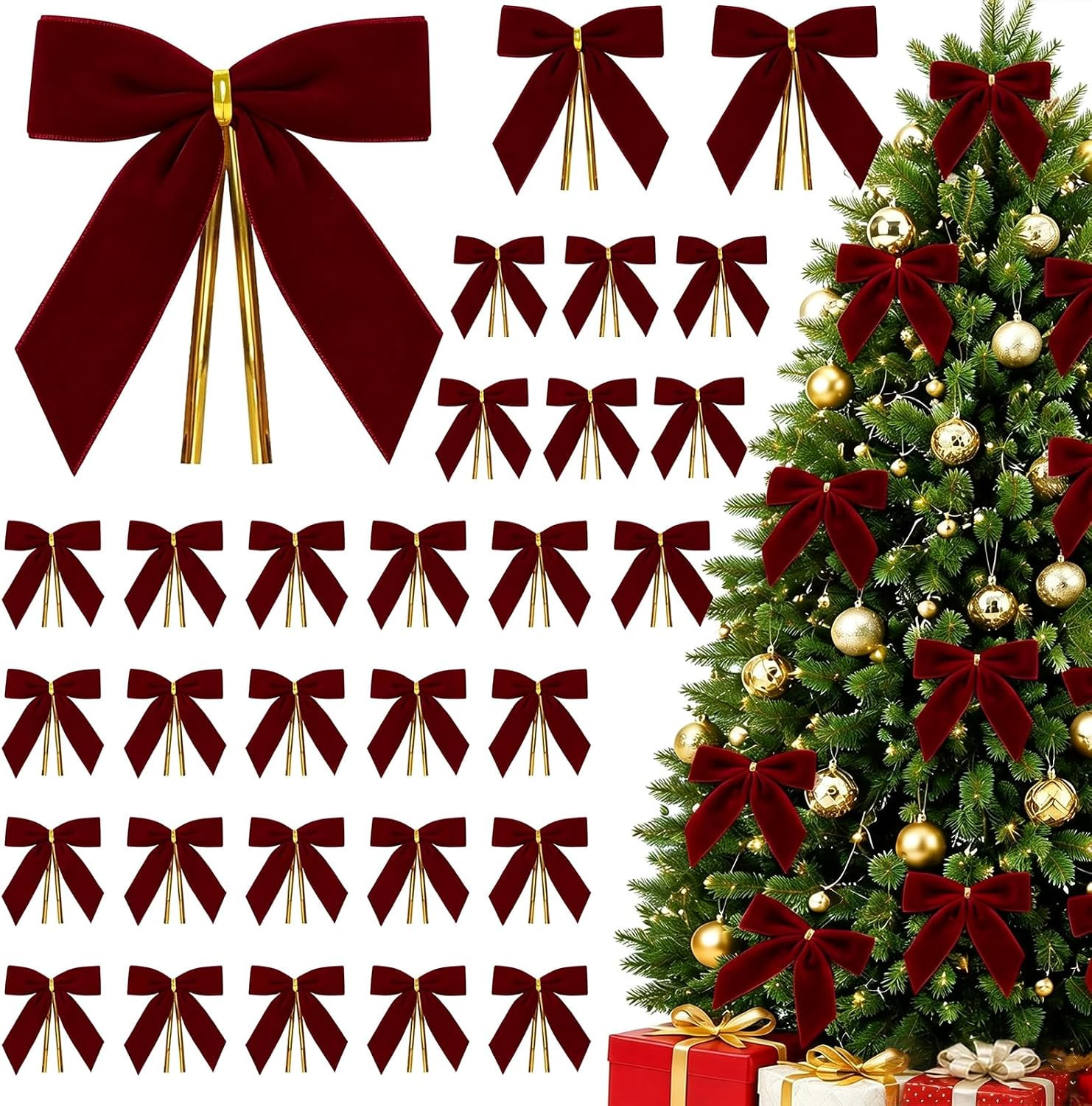 30 Pcs Burgundy Velvet Bows for Christmas Tree, Burgundy Christmas Decor | Amazon (US)