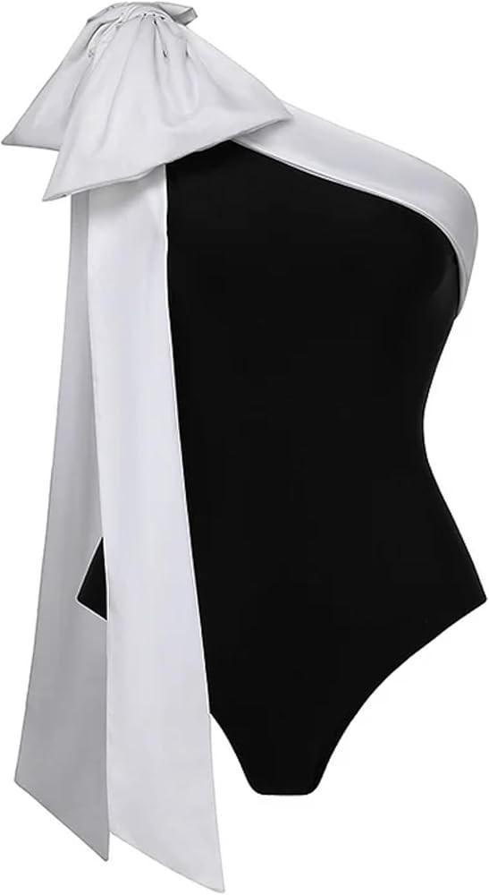 FLAXMAKER One Shoulder Black and White Big Bow Tie Color Block One Piece Vacation Beach Swimsuit ... | Amazon (US)