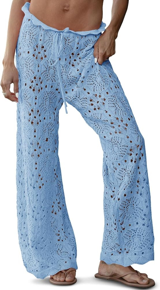 Saodimallsu Womens Crochet Swimsuit Coverup Pants High Waisted Drawstring Sexy Sheer Mesh Knit Wi... | Amazon (US)