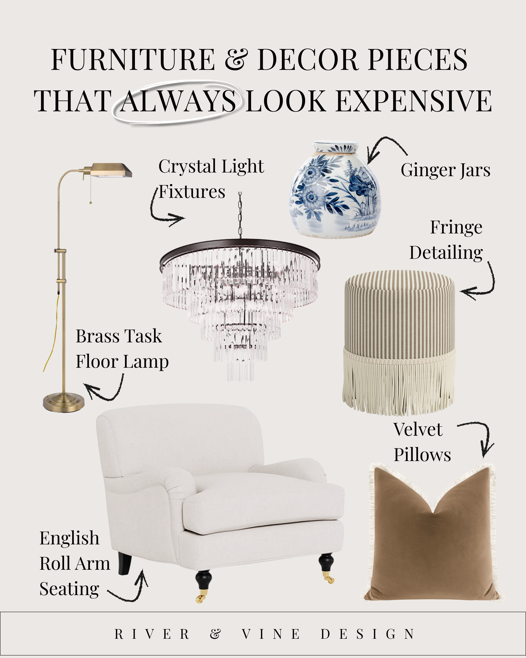 Some pieces just read expensive, no matter the price point ✨
These are the furniture + decor details I reach for again and again when I want a space to feel elevated without trying too hard.

• Crystal light fixtures instantly add drama and reflection — they bounce light and make even simple rooms feel dressed up
• Brass task floor lamps bring warmth and intention (they feel custom, not builder-basic)
• Ginger jars add pattern, history, and contrast — especially powerful in neutral spaces
• Fringe detailing introduces movement and softness, which is key to making a room feel layered
• Velvet pillows absorb light in the best way and always feel richer than flat fabrics
• English roll arm seating has classic proportions that never go out of style and always reads tailored

Designer rule of thumb: when a piece has texture, weight, or historical references, it almost always looks more expensive than it is.

All of these are linked to shop 👇 

 #LTKHome