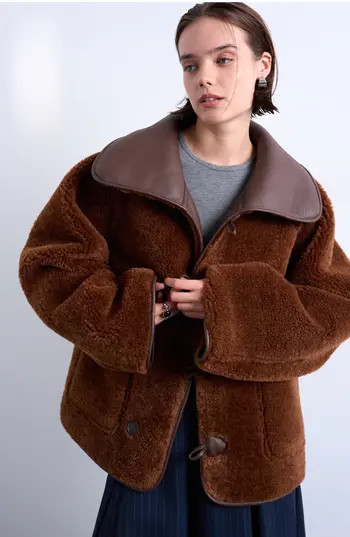 Topshop Oversize Reversible Faux Shearling Jacket in Brown at Nordstrom Rack, Size Large | Nordstrom Rack
