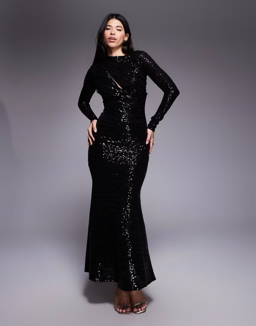 ASOS DESIGN sequin slash front draped maxi dress in black | ASOS (Global)