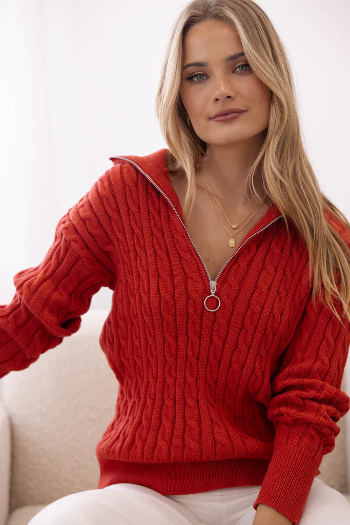 Frida Quarter Zip Knit Sweater - Red | Petal & Pup (US)