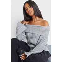 Petite Grey Off The Shoulder Knit Sweater | PrettyLittleThing US