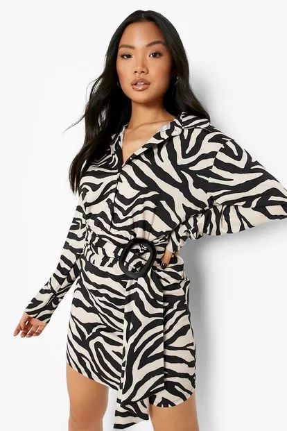 Petite Zebra Wrap Buckle Detail Shirt Dress | Boohoo.com (UK & IE)