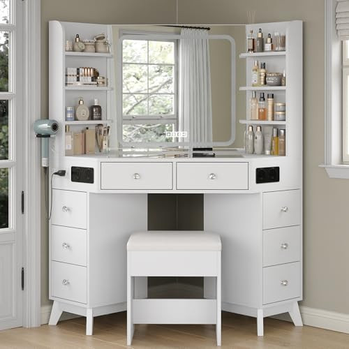 Yanosaku Corner Vanity Desk with Bluetooth Speaker, 8 Drawers & 6 Shelves, Makeup Vanity with Glass Top, Modern Vanity with Mirror and Lights, 3 Color Lighting Modes, Dressing Table for Bedroom, White | Amazon (US)